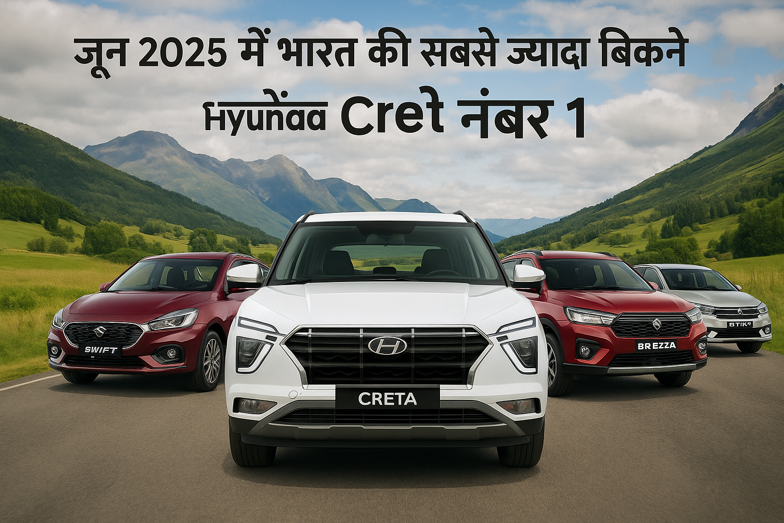 Hyundai Creta जून 2025 की सबसे ज्यादा बिकने वाली कार बनी – Swift, Dzire, Brezza के साथ नैचुरल बैकग्राउंड में