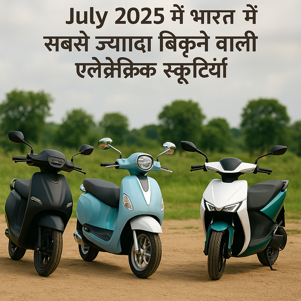 "जुलाई 2025 में भारत में सबसे ज्यादा बिकने वाली चार इलेक्ट्रिक स्कूटीज़ — हरे प्राकृतिक बैकग्राउंड में खड़ी TVS iQube, Bajaj Chetak, Ather Rizta और Hero Vida V2 जैसी स्कूटीज़"