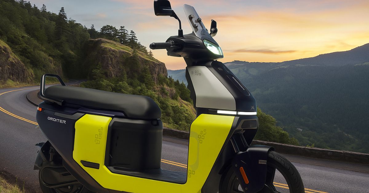 TVS Orbiter Electric Scooter 2025 on Hilly Road Background