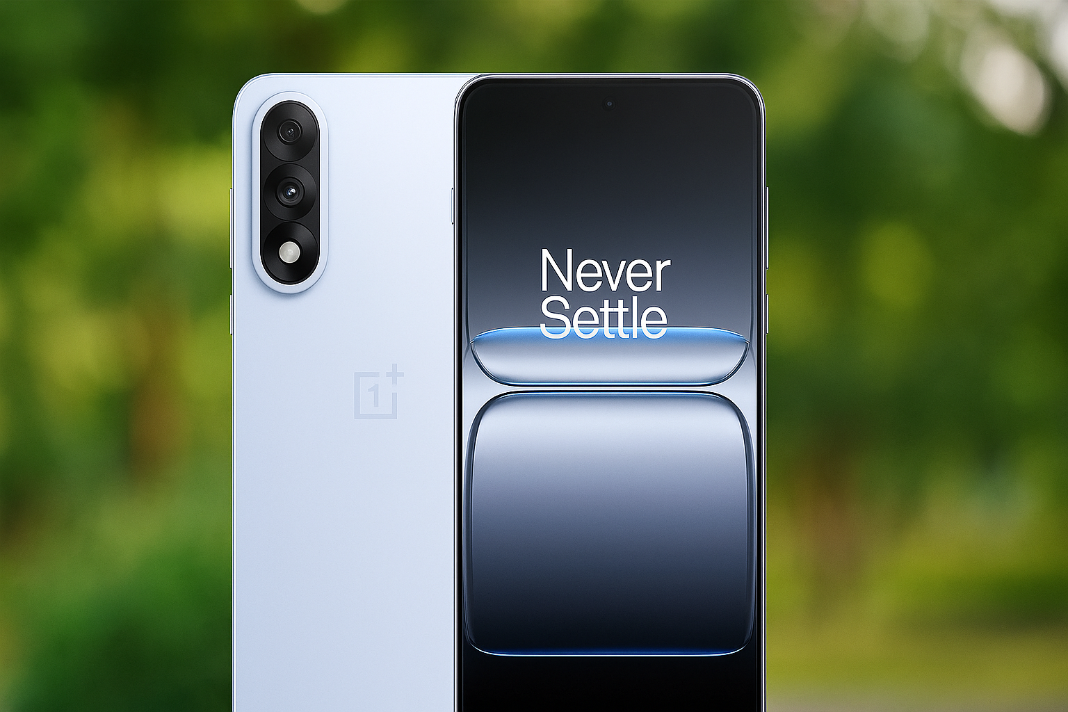 OnePlus Nord 5 स्मार्टफोन नेचुरल बैकग्राउंड में फ्रंट और बैक व्यू के साथ