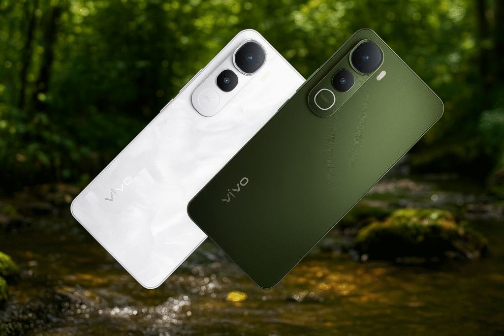 Vivo Y400 स्मार्टफोन का ग्लेशियर व्हाइट और फॉरेस्ट ग्रीन वेरिएंट – डुअल कैमरा सेटअप और प्रीमियम डिज़ाइन के साथ।