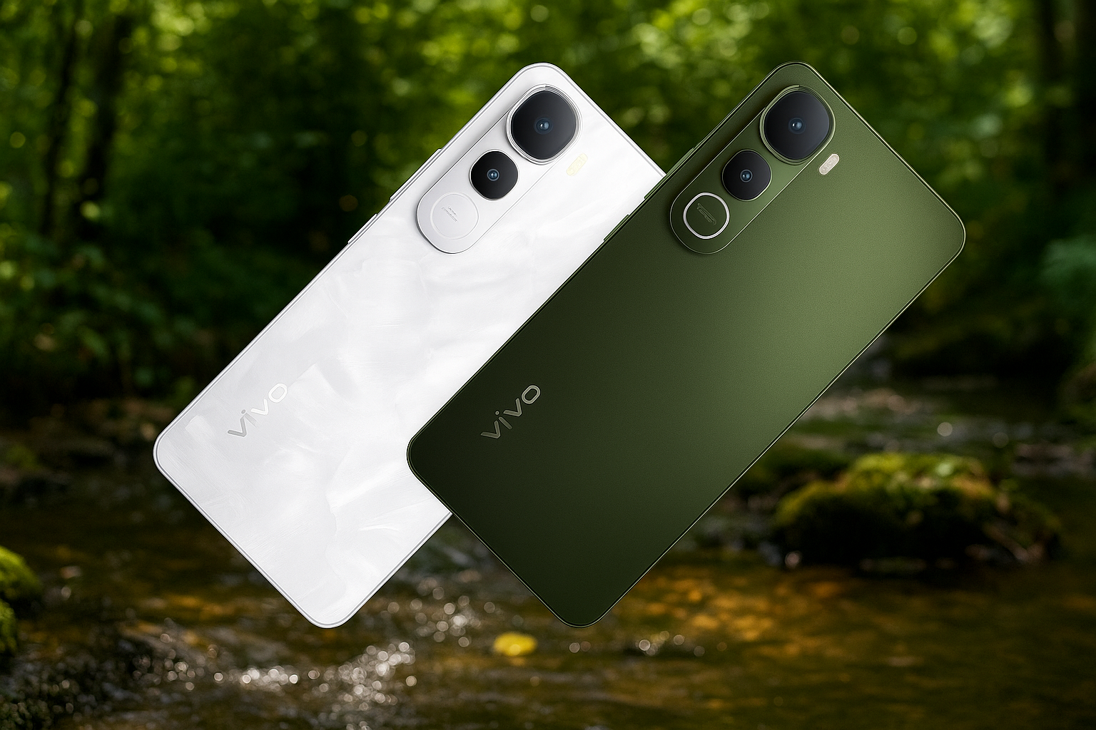 Vivo Y400 स्मार्टफोन का ग्लेशियर व्हाइट और फॉरेस्ट ग्रीन वेरिएंट – डुअल कैमरा सेटअप और प्रीमियम डिज़ाइन के साथ।