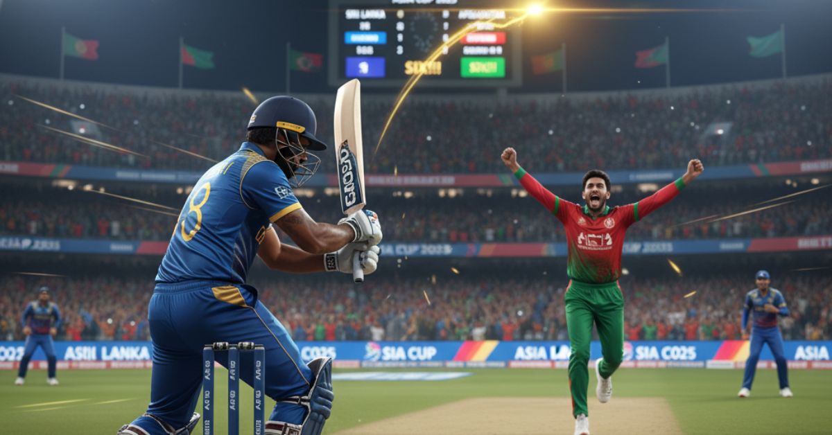 Sri Lanka vs Afghanistan एशिया कप 2025 मैच हाइलाइट्स की इमेज – कुसल मेंडिस की बल्लेबाज़ी और मोहम्मद नबी के छक्के