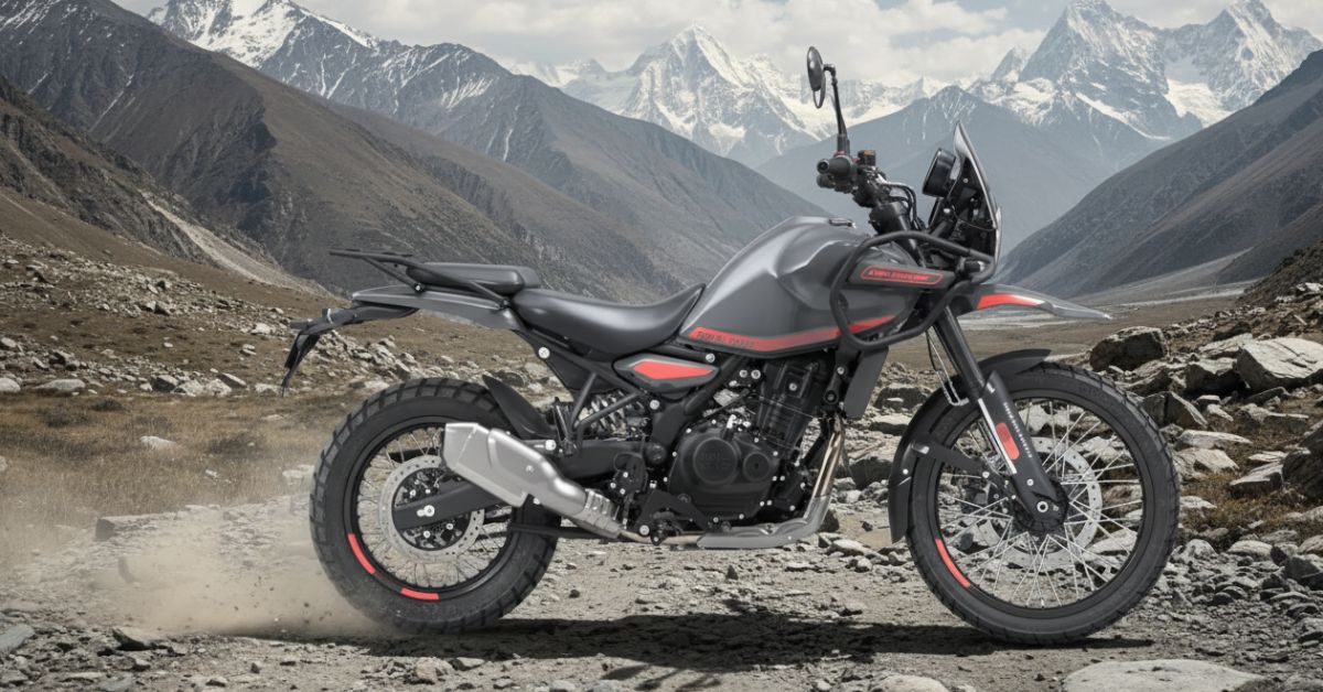Royal Enfield Himalayan 450 एडवेंचर बाइक का फ्रंट और साइड व्यू gst price